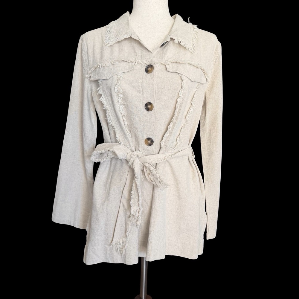 Sage & Citrus Anthropologie Linen Blend Jacket Medium Boho Beige Fringe Shacket